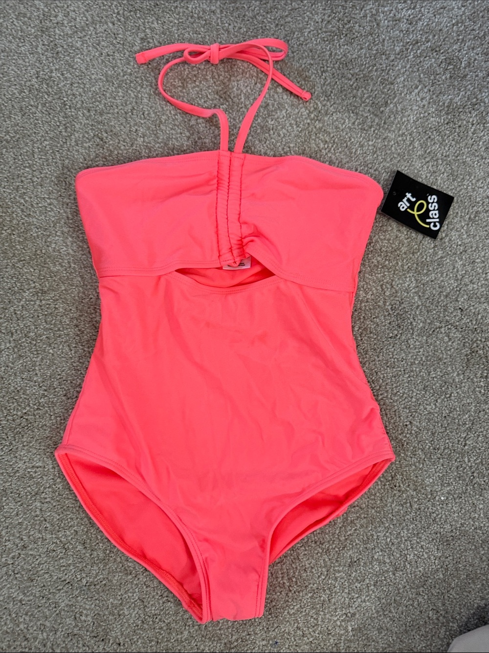 NWT Girls Neon Coral Halter One-Piece Swimsuit size Large 10/12